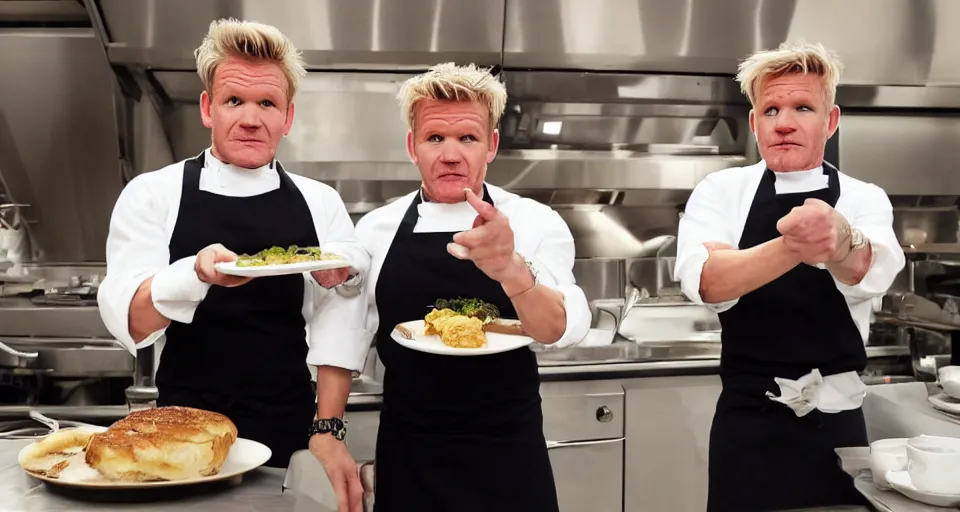 Prompt: gordon ramsay and gordon ramsay showing the camera a dish that each of them prepared