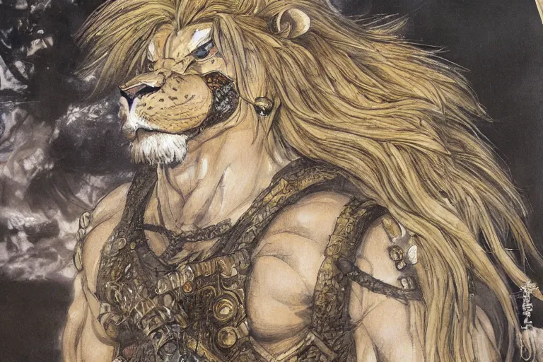 Image similar to 8k Yoshitaka Amano painting of upper body of a young cool looking lion beast-man at a medieval market at windy day. White mane, Depth of field. He is wearing complex fantasy armors. He has huge paws. Renaissance style lighting.