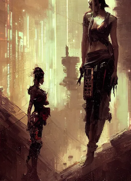 Image similar to cyberpunk geisha, rule of thirds, intricate outfit, spotlight, by greg rutkowski, by jeremy mann, digital painting