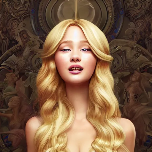 Image similar to disney princess with long blonde hair wearing elegant silk dress yelling at xbox : : weta disney pixar movie still photo : : hi - fructose, decadent highly - detailed digital painting, symmetrical face, golden ratio, octane render, artstation, smooth, sharp focus, artgerm, mucha, loish, wlop