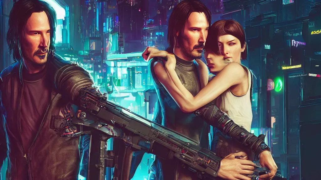 Image similar to a cyberpunk 2077 couple portrait of Keanu Reeves&female android in final kiss,love,film lighting,by Laurie Greasley,Lawrence Alma-Tadema,Dan Mumford,John Wick,Speed,Replicas,artstation,deviantart,FAN ART,full of color,Digital painting,face enhance,highly detailed,8K,octane,golden ratio,cinematic lighting