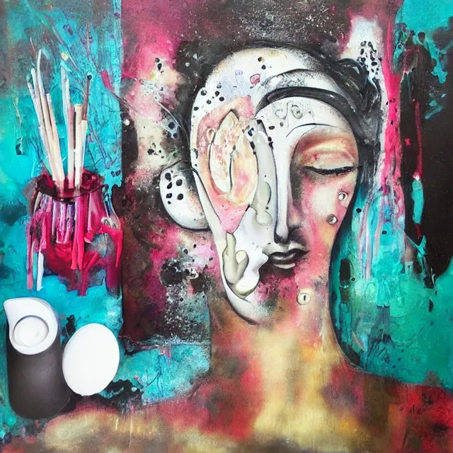 Image similar to “ surrealism, a portrait in a female art student ’ s apartment, mushrooms, sensual, art supplies, a candle dripping white wax, berry juice drips, acrylic and spray paint and oilstick on canvas, neoexpressionism ”