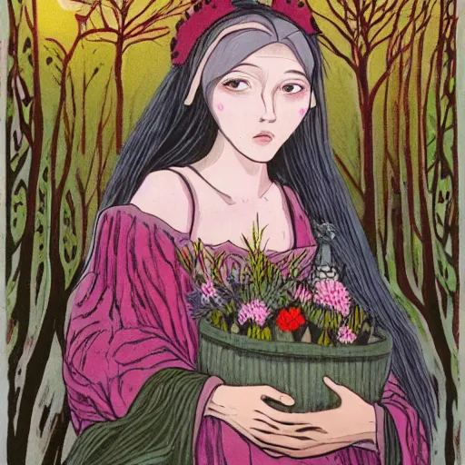 Image similar to In the conceptual art Vasilisa can be seen standing in the forest, surrounded by animals. She is holding a basket of flowers in one hand and a spindle in the other. Her face is turned towards the viewer, with a gentle expression. In the background, the forest is depicted as a dark and mysterious place. light, face paint by Junji Ito
