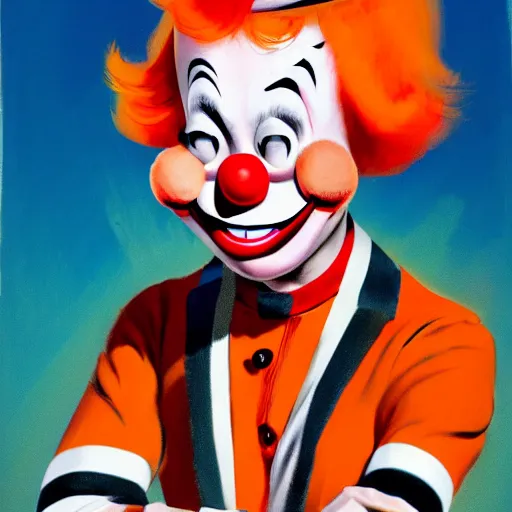 Image similar to a bozo clown wearing a orange wig and striped shirt, digital art, trending on artstation, vintage, retrofuturism, art by marc davis, marc davis artwork, poster