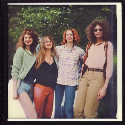 Prompt: Polaroid photograph of stylish college students, taken in 1986