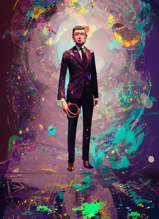 Image similar to arrogant elegant man travels through time via steampunk portals, pixiv fanbox, dramatic lighting, maximalist pastel color palette, splatter paint, pixar and disney exploded - view drawing, graphic novel by fiona staples and dustin nguyen, peter elson, alan bean, wangechi mutu, clean cel shaded vector art, trending on artstation