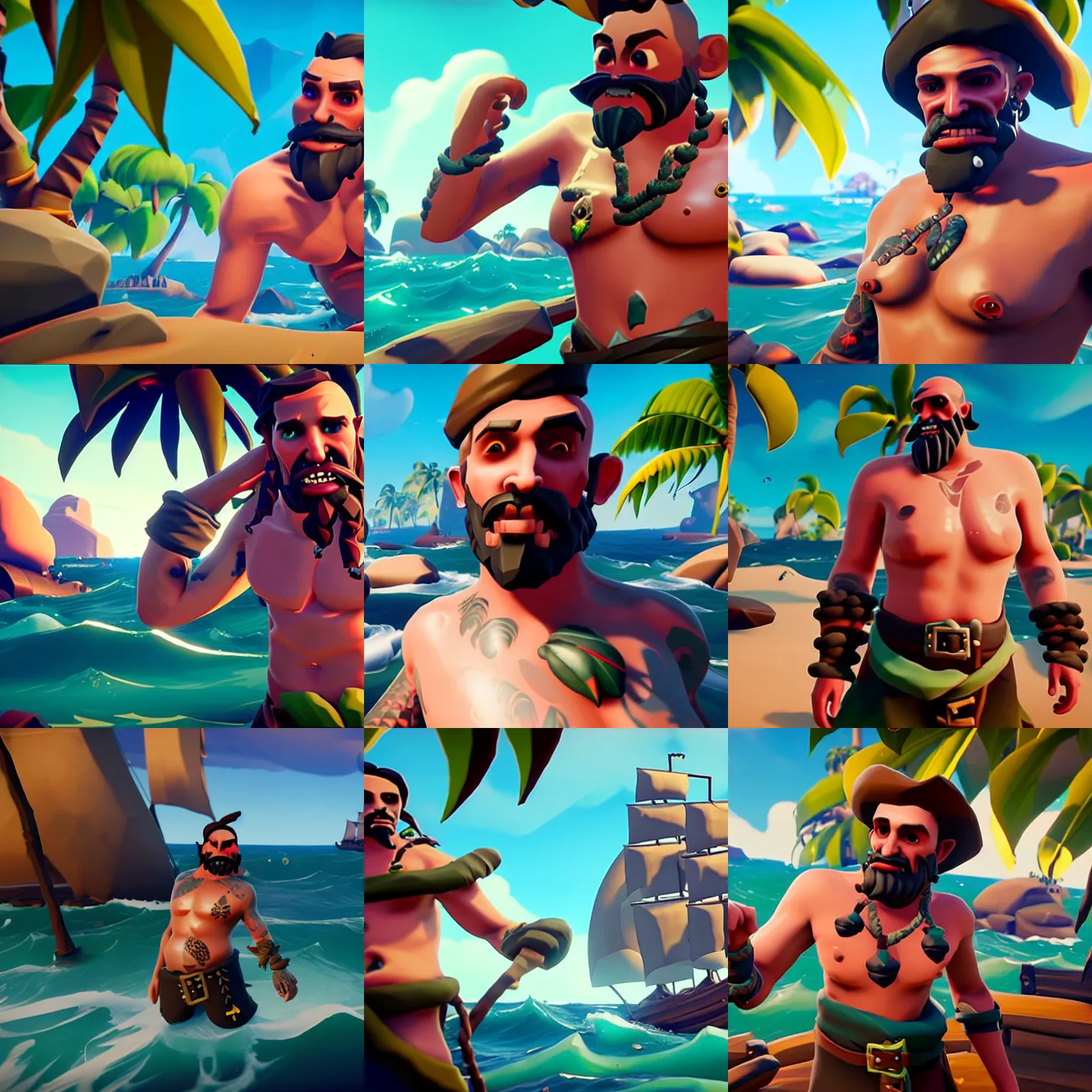 Prompt: a man who grows barnacles on his chest, Sea of Thieves (2018), Unreal Engine