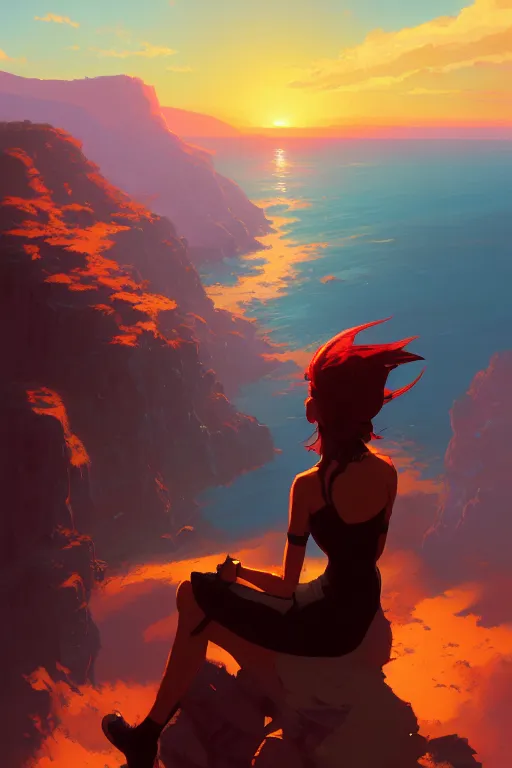 Image similar to a woman sitting on a cliff looking over a burning village, dramatic sunset, by ilya kuvshinov, krenz cushart, Greg Rutkowski, trending on artstation