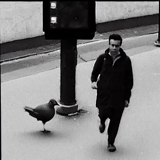 Image similar to surveillance camera footage, black and white, xavi hernandez on the street holding a pigeon