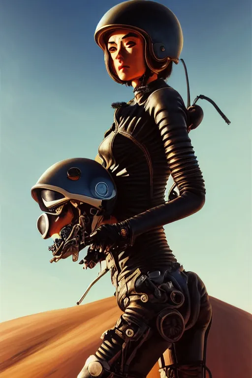 Image similar to a ultradetailed beautiful panting of post apocalyptic woman biker with helmet in front of burning desert, anatomically correct, pretty face, high detailed face, by ilya kuvshinov, greg rutkowski and makoto shinkai, trending on artstation