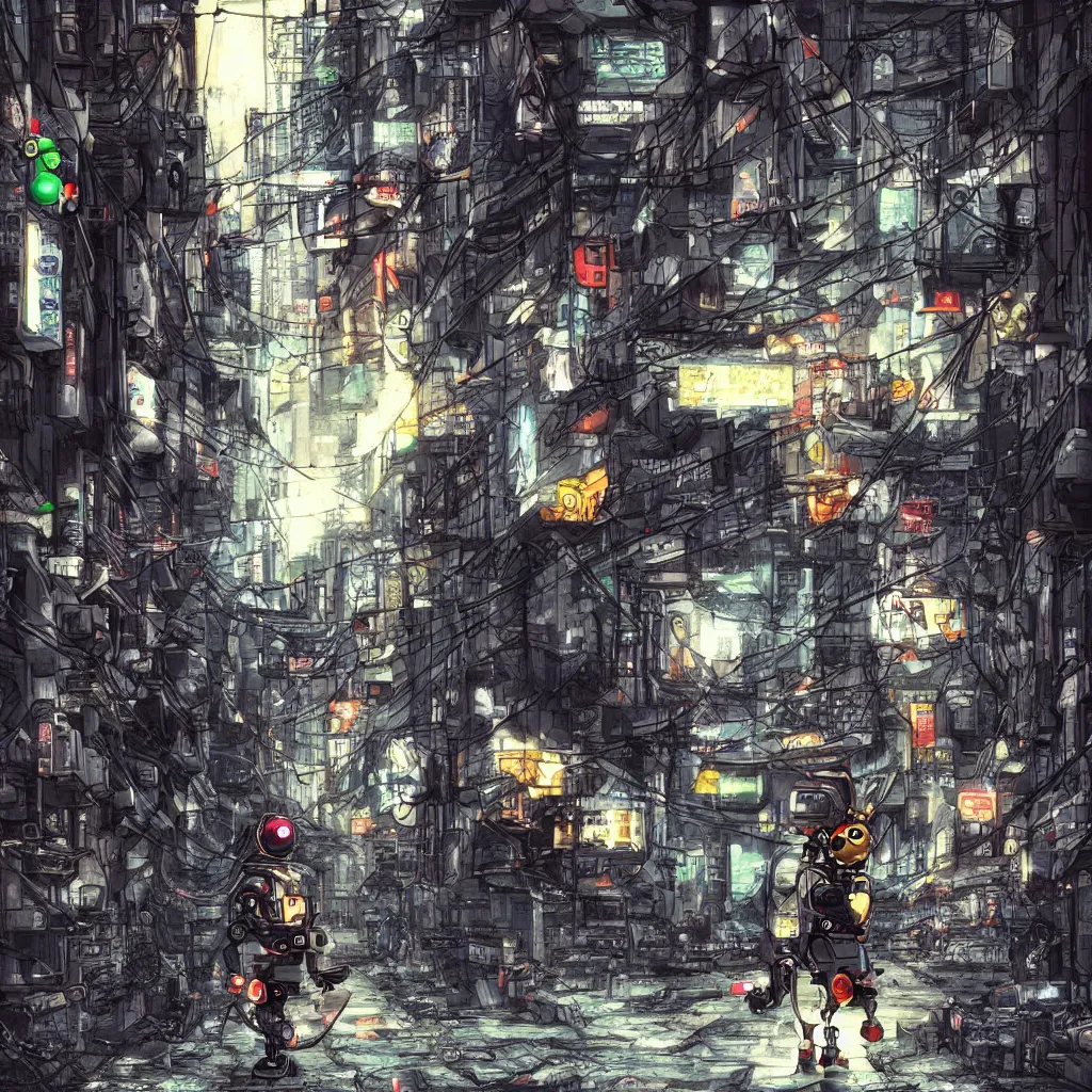 Prompt: robot pikachu cyborg walking on a street, post apocalyptic feeling, photorealistic, cyberpunk