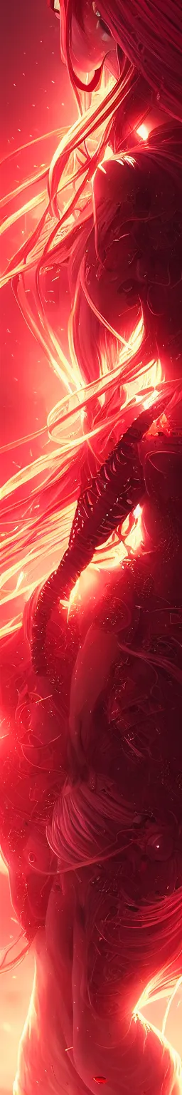 Prompt: beautiful cinematic female cyborg angel falling apart , fantasy magic, short fiery red black fade braided hair, dark light night, highly intricate details, advanced digital anime art, concept art, wlop rossdraws Sakimimichan