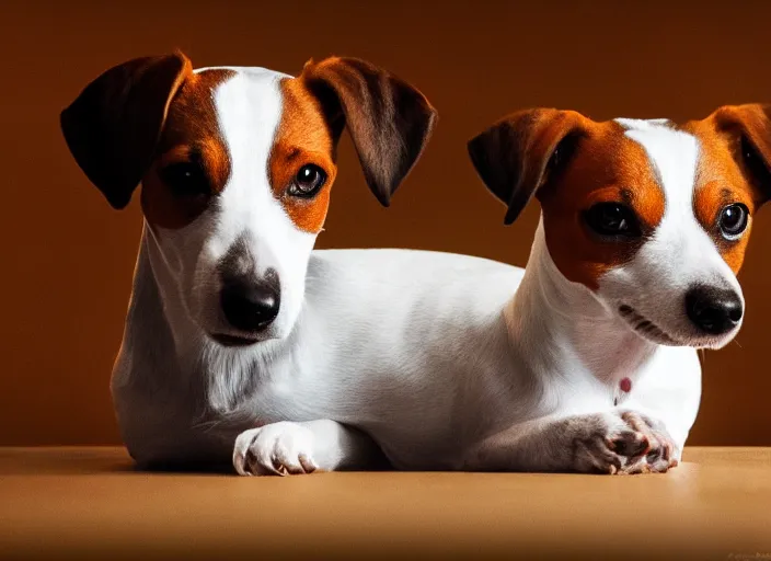 Image similar to photography of a Jack Russel . watching outside the window. on a bed. in a 70's room full of vinyls and posters, photorealistic, award winning photo, 100mm, sharp, high res