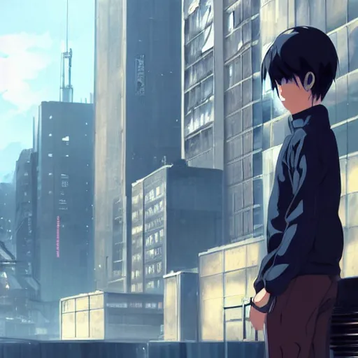 Image similar to android in an urban dystopia makoto shinkai