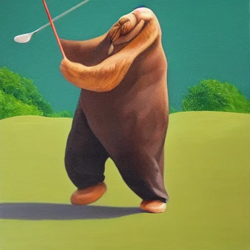 Image similar to oil painting of a bipedal walrus playing golf,