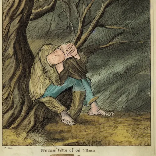 Prompt: The print shows a man caught in a storm, buffeted by wind and rain. He clings to a tree for support, but the tree is bent nearly double by the force of the storm. The man's clothing is soaked through and his hair is plastered to his head. His face is contorted with fear and effort. Adventure Time, mint by Tibor Nagy, by Mab Graves evocative