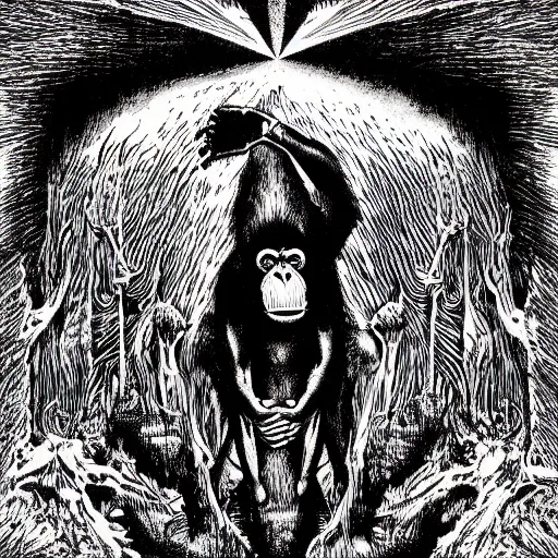 Image similar to chimpanzee descending from heaven, in the style of deathspell omega's fas album cover, illustration, detailed