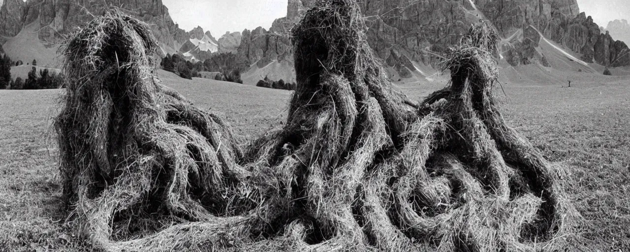 Image similar to 1940s photography of eerie landscape in the dolomites, farmer transformed into root and hay monster