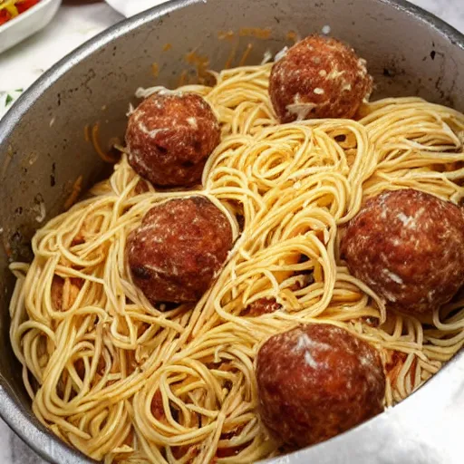 Image similar to On top of spaghetti, All covered with cheese, I lost my poor meatball, When somebody sneezed, It rolled off the table, And onto the floor, And then my poor meatball, Rolled out of the door