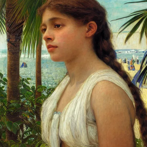 Image similar to a ultradetailed beautiful painting of a girl in the amazonas palace balustrade designed by jules bastien - lepage, tarsila do amaral, frank weston and gustave baumann, beach, trending on artstation, mediterranean, palm trees, hyper detailed face, sharp focus, soft light, 8 k 4 k