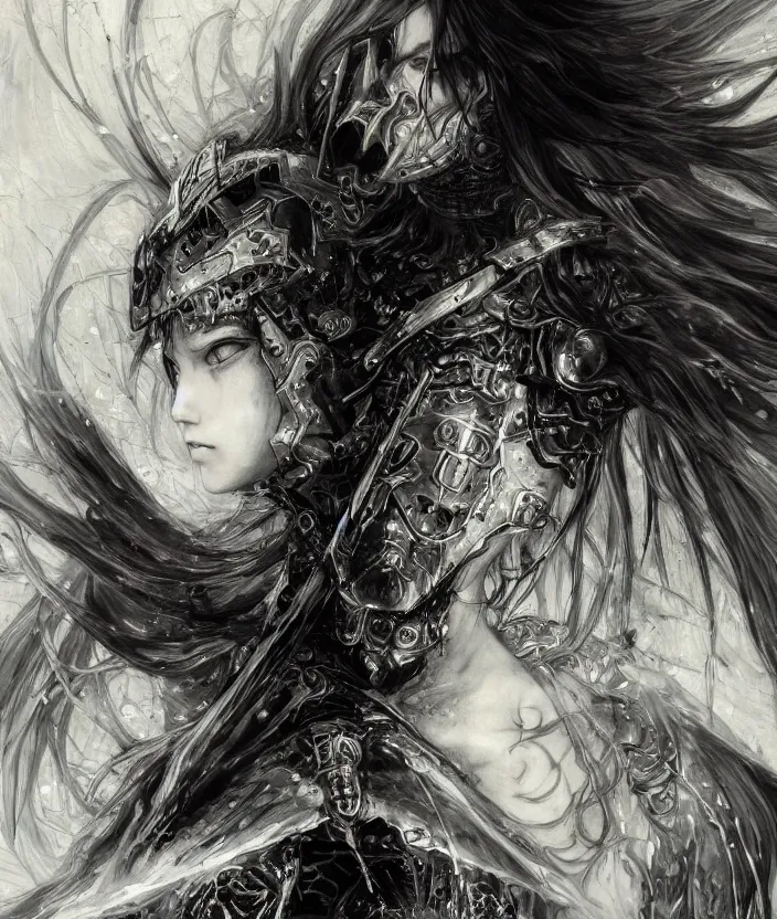 Image similar to Yoshitaka Amano realistic illustration of an anime girl with wavy white hair and cracks on her face wearing dark souls armour with the cape fluttering in the wind, abstract black and white patterns on the background, noisy film grain effect, highly detailed, Renaissance oil painting, weird portrait angle