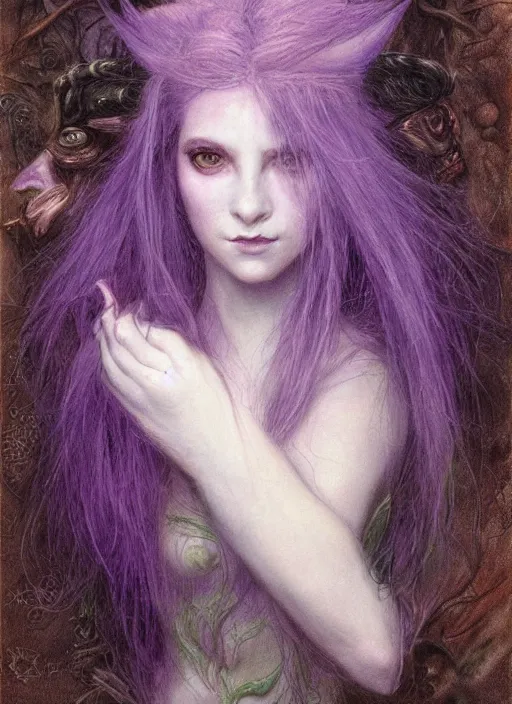 Image similar to portrait of young female sorceress of the endtimes, transluscent skin, lavender hair, beautiful! coherent! dungeons and dragons character, by brian froud, strong line, cool night color, high contrast