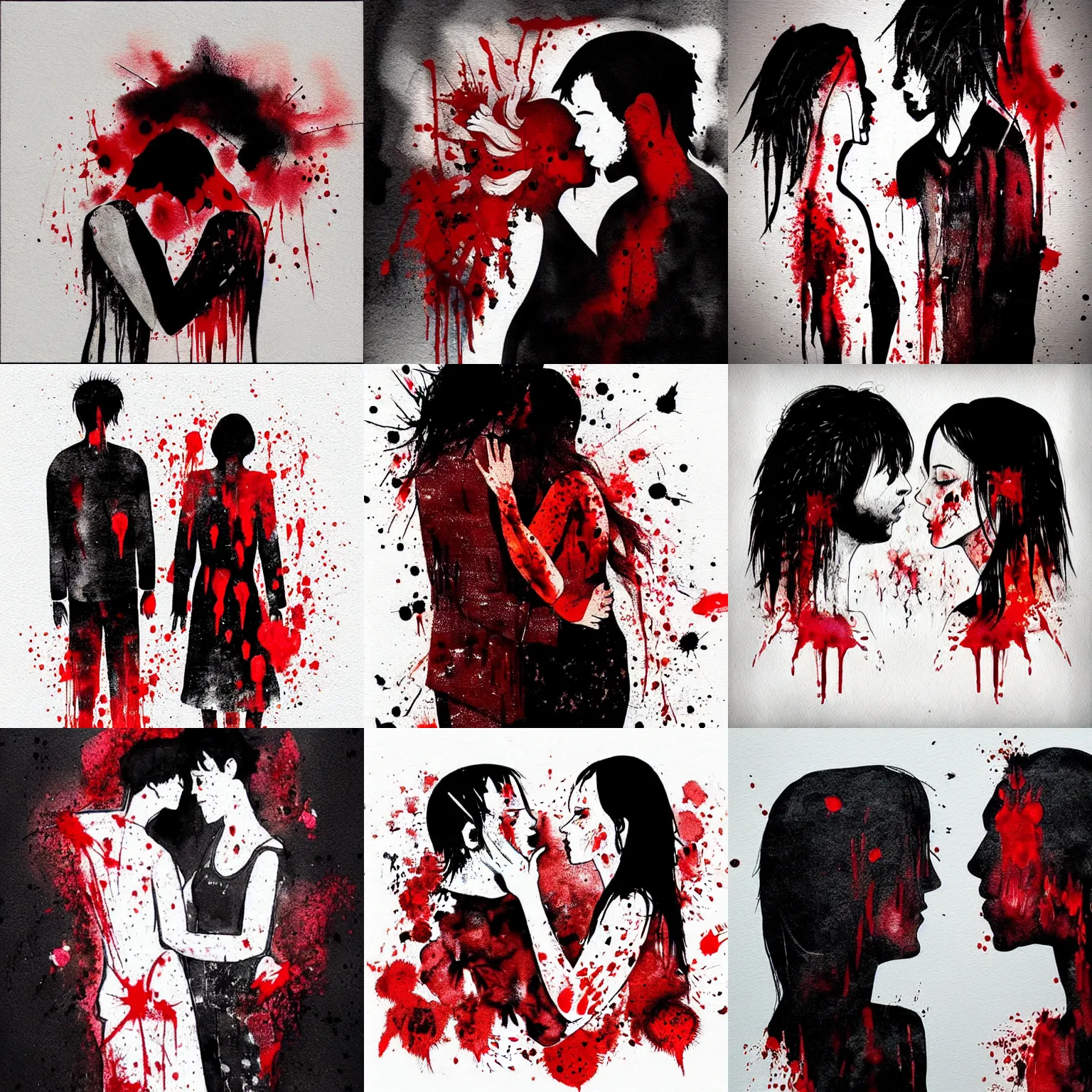 Prompt: “emo dramatic black and red watercolor illustration of a man and a woman facing each other, covered in blood splatter, on black background, both have short black hair, sad expressions, stylistic”