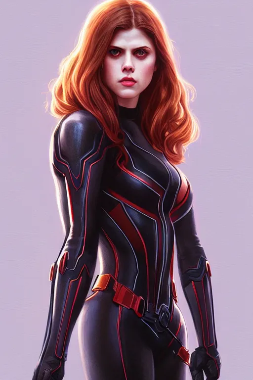 Image similar to alexandra daddario as black widow, realistic portrait, symmetrical, highly detailed, digital painting, artstation, concept art, smooth, sharp focus, illustration, cinematic lighting, art by artgerm and greg rutkowski and alphonse mucha