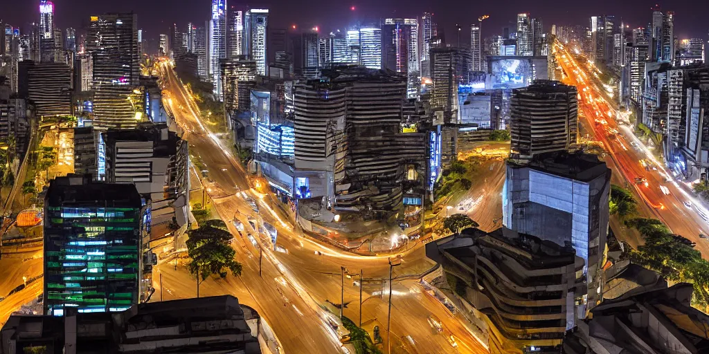 Prompt: Avenida Paulista at night, Sao Paulo city, with a full view of MASP, cyberpunk, very detailed, digital art