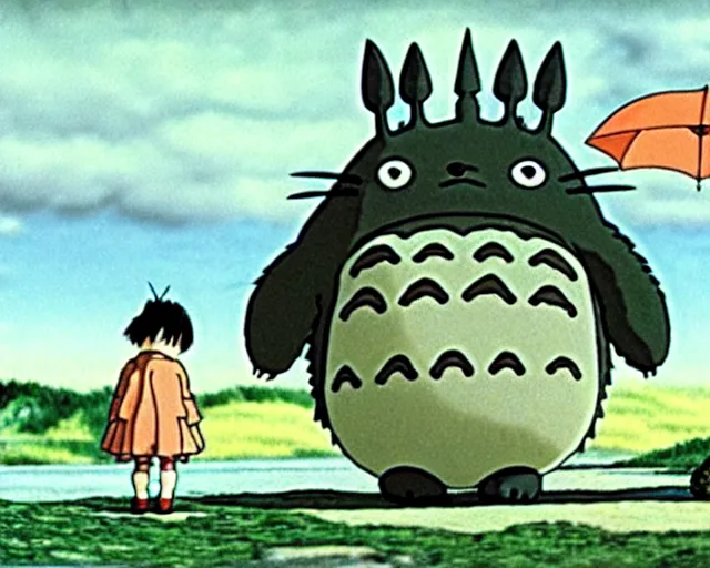 Prompt: a still from totoro, re imagined in the style of yves tanguy. durrealism, dadaism, ghibli