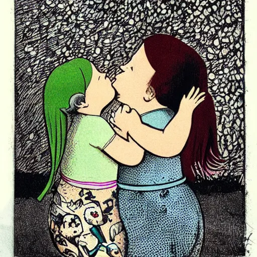 Image similar to the same style. the most beautiful little fat sweet girl is kissing a huge colorful cute fish. modern etching. colored print. hype realistic scene.