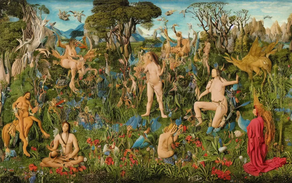 Image similar to a photograph of a meditating centaur shaman and a harpy mermaid feeding animals. surrounded by bulbous flowers, a few trees and wild animals. river delta with mountains and cliffs under a blue sky full of burning stars and birds. painted by jan van eyck, max ernst, ernst haeckel, ernst fuchs and artgerm. trending on artstation