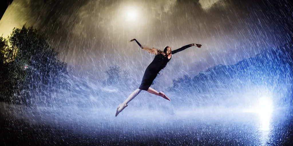 Image similar to fisheye lens trail effect of futuristic break dancer wearing floating very long dress, long exposure shot , at night in the middle of a rainy street with rim lights, paddle of water with steam and fog with water splashes, glossy reflections, water droplets on lens, tongue of fire, detailed and soft, fisheye lens, smooth, sharp focus