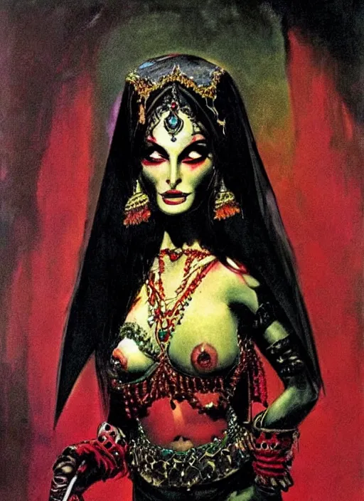 Prompt: female indian vampiress, jeweled veil, strong line, saturated color, beautiful! coherent! by frank frazetta, high contrast