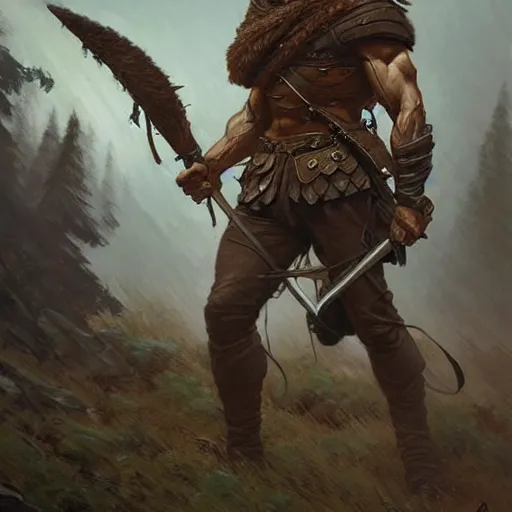 Prompt: Rugged male ranger in battle, D&D, muscular, full body, fantasy, intricate, elegant, highly detailed, digital painting, artstation, concept art, smooth, sharp focus, illustration, art by artgerm and greg rutkowski and alphonse mucha