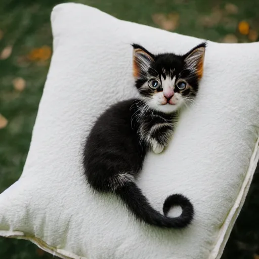 Prompt: A cute little kitten sits on the top of a plush heart-shaped pillow in the park, Canon EOS R3, f/1.4, ISO 200, 1/160s, 8K, RAW, unedited, symmetrical balance, in-frame