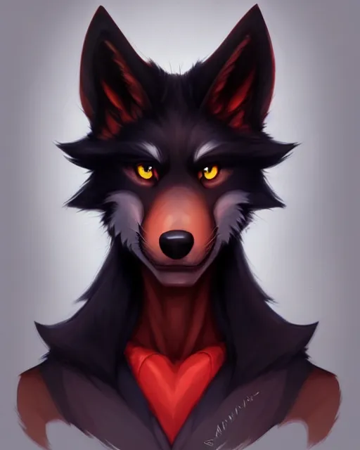 Image similar to character concept art of a black anthropomorphic furry male wolf long red hair | | cute - fine - face, pretty face, key visual, realistic shaded perfect face, fine details by stanley artgerm lau, wlop, rossdraws, james jean, andrei riabovitchev, marc simonetti, and sakimichan, trending on artstation