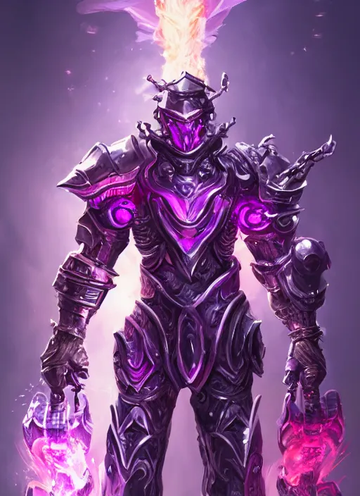 Image similar to a highly detailed illustration of fantasy cyber knight with machine gun arms, with flaming plume, rigid bulky armor, purple glowing core in armor, dramatic standing pose, intricate, elegant, highly detailed, centered, digital painting, artstation, concept art, smooth, sharp focus, league of legends concept art, WLOP