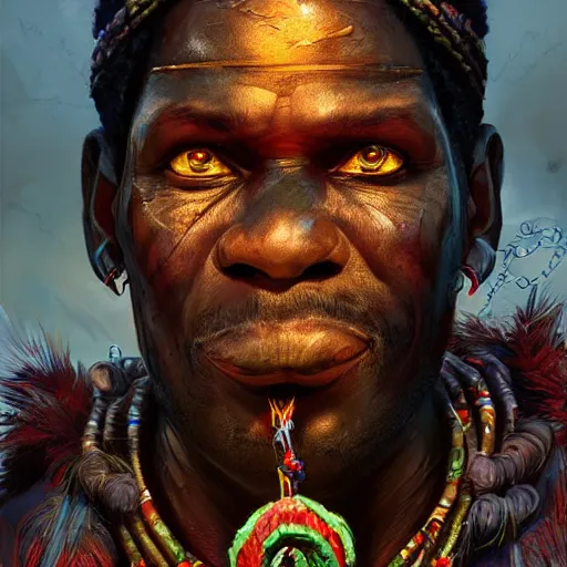 Prompt: an african voodoo shaman with a ruby in his forehead, Apex Legends character digital illustration portrait design, by android jones, detailed, cinematic lighting, wide angle action dynamic portrait