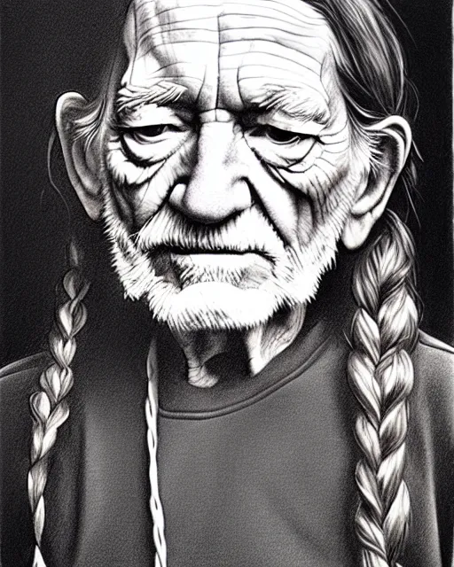 Image similar to a photorealistic portrait of willie nelson with head ban, pencil drawing