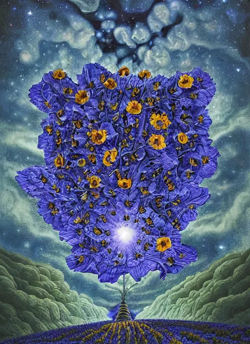 Image similar to detailed, intricate blue black and purple papaverum flower on the field, nebula, galaxy in the sky, winning award masterpiece, fantastically beautiful, illustration, aestheticly inspired, jacek yerka, upscale with anguissola sofonisba work, artstation, 8 k