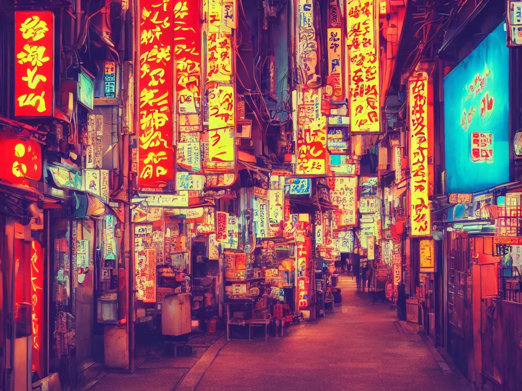 Prompt: japan, neon light filled street, ramen shop, wallpaper, 4 k, 8 k, highly detailed