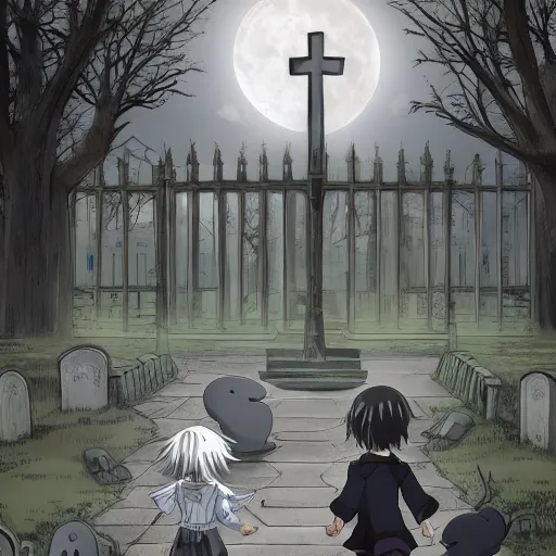 Image similar to anime hd, anime, 2 0 1 9 anime, ghost children, children born as ghosts, dancing ghosts, london cemetery, albion, london architecture, buildings, gloomy lighting, moon in the sky, gravestones, creepy smiles