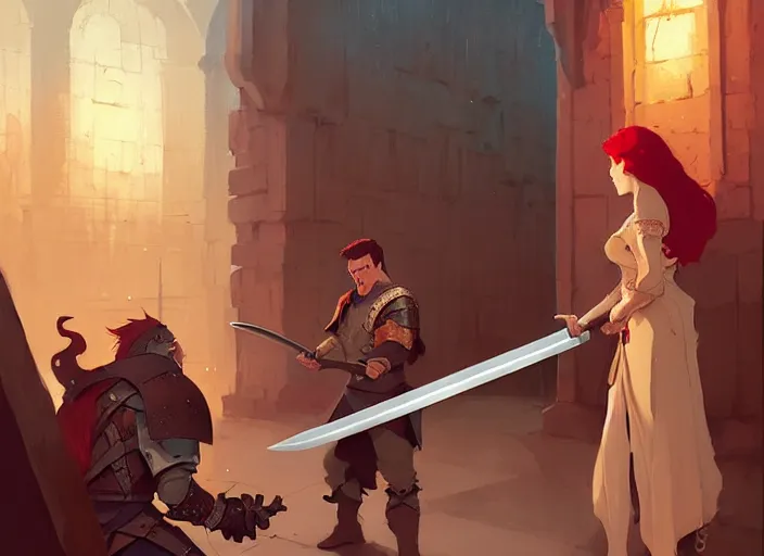 Image similar to a brunette man offers his sword to a red - haired woman, medieval times by atey ghailan, by greg rutkowski, by greg tocchini, by james gilleard, by joe fenton, by kaethe butcher, dynamic lighting, gradient light blue, brown, blonde cream and white color scheme, grunge aesthetic