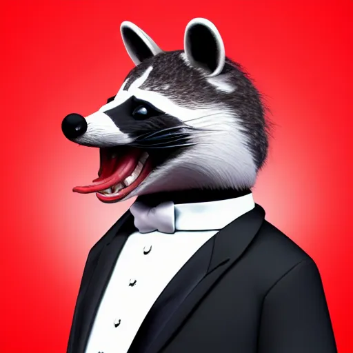 Prompt: A person with a raccoon head, tongue sticking out, neck visible, (mouth closed), wearing a white tuxedo, artstation, red background