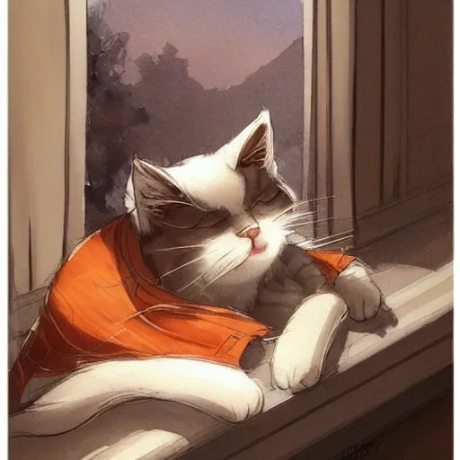 Image similar to head and shoulders masterpiece portrait of a cute adorable cat sleeping on a window sill at sunset, digital art watercolor by krenz cushart and hayao miyazaki and kuniyoshi utagawa, trending on artstation, cgsociety, rich vivid color