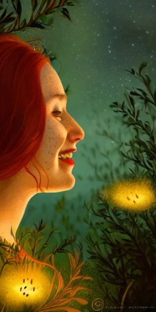 Image similar to infp young woman, smiling amazed, golden fireflies lights, amidst of nature fully covered, long loose red hair, intricate linework, bright accurate green eyes, small nose with freckles, oval shape face, realistic, expressive emotions, dramatic lights spiritual scene, hyper realistic ultrafine art by artemisia gentileschi, jessica rossier, boris vallejo