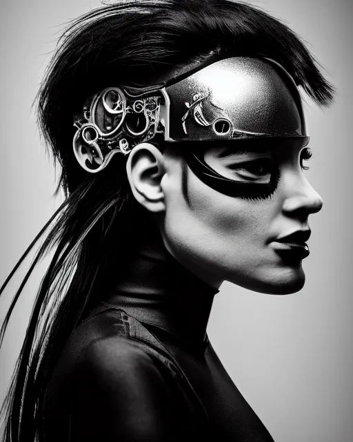 Image similar to a profile portrait, a stunning young woman - crow - cyborg, editorial photography, bw, shot on 7 0 mm, depth of field, f / 2. 8, high contrast, 1 6 k, volumetric lighting, shiny, insanely detailed and intricate, hypermaximalist, elegant, ornate, hyper realistic, super detailed