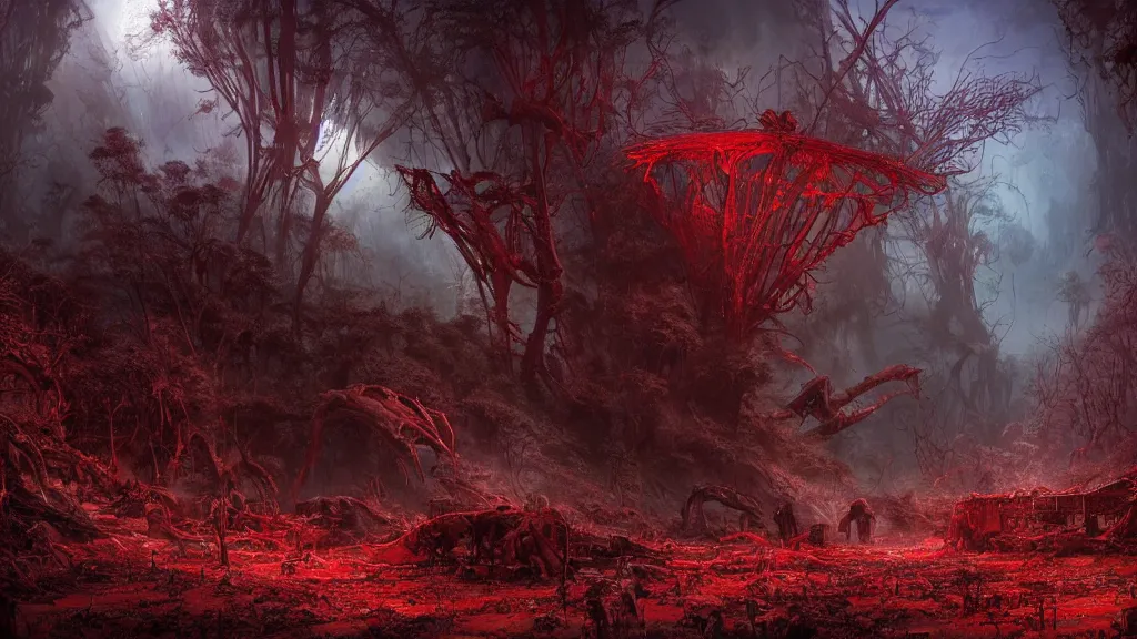 Prompt: dramatic Photorealistic dramatic Matte painting,Looking through deep inside an Alien planets dense red forest,a gigantic crashed derelict spaceship where a lone astronaut in a white spacesuit with lights is exploring outside,hundreds of tall gigantic monster carnivorous Red Venus Flytrap plants and glowing bulbs,translucent wet and slimy plant life by Greg Rutkowski,Craig Mullins,Fenghua Zhong,a misty haze,Beautiful dramatic moody nighttime lighting,Cinematic Atmosphere, Volumetric Lighting,Terragen,Octane Render,8k