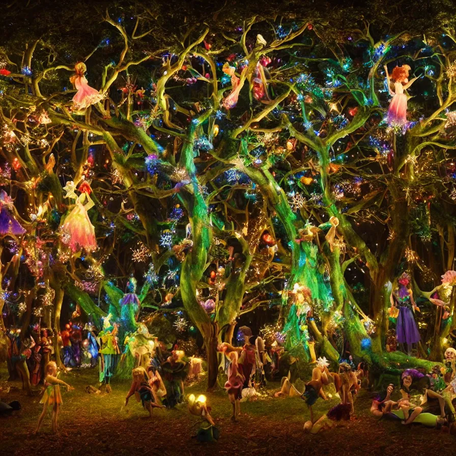 Image similar to photography award of a night carnival fairies around a magical tree, christmas lights, creatures and fantastic people disguised as fantastic creatures in a magical forest by summer night, masterpiece photography by gregory crewdson and john anster fitzgerald, volumetric lightning